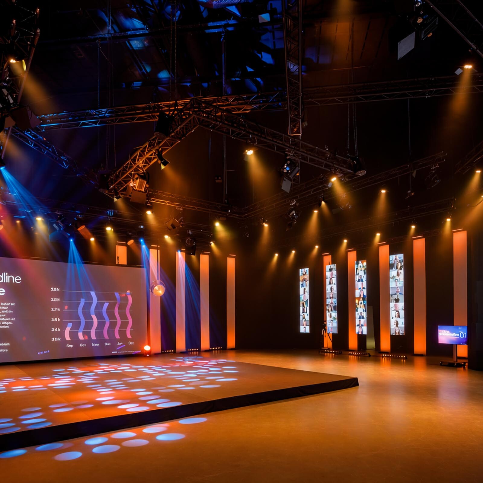 Eventbühne in Hannover mit LED-Wänden, Bühnenbeleuchtung und moderner Showtechnik für Live-Events