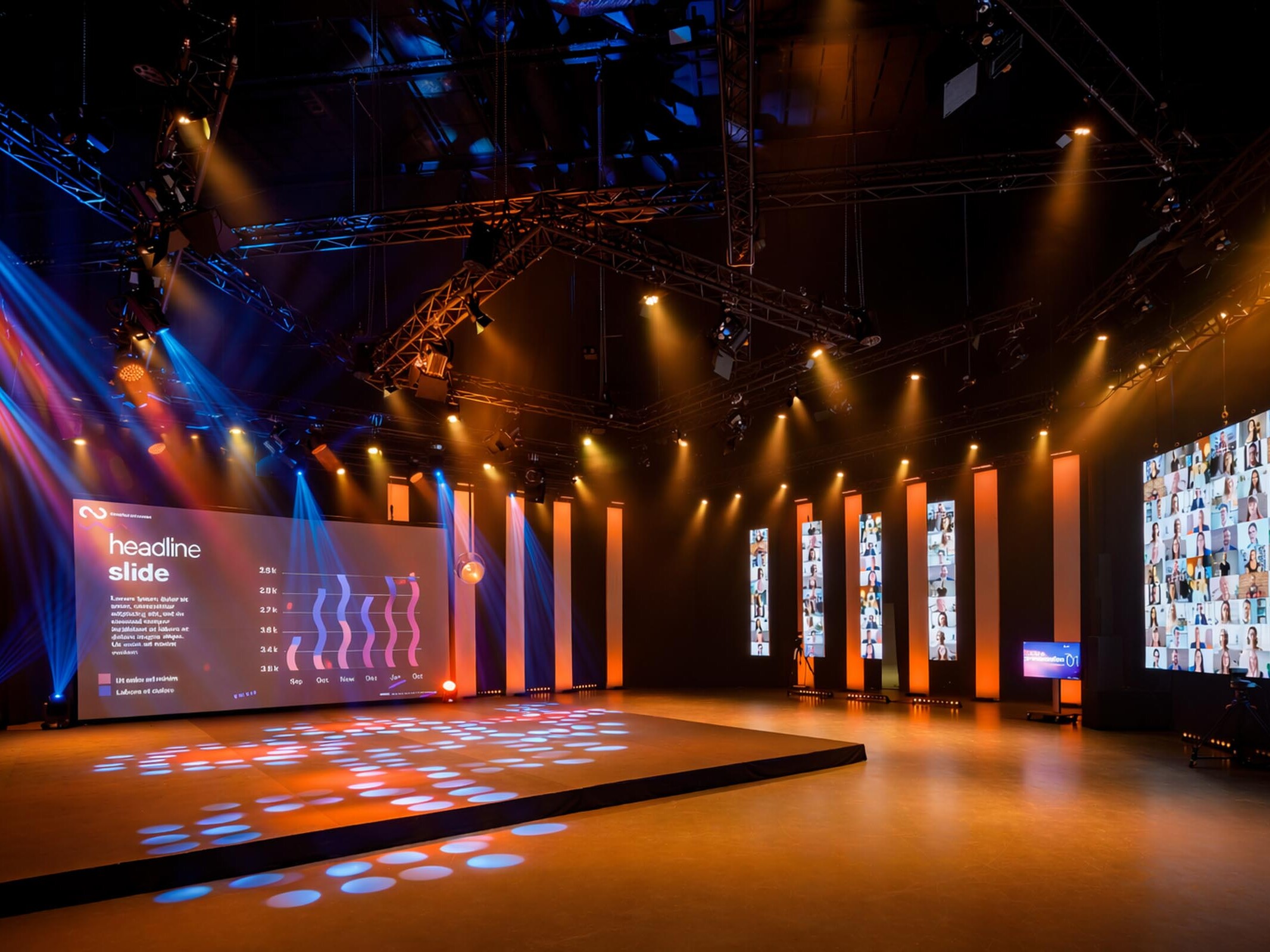 Eventbühne in Hannover mit LED-Wänden, Bühnenbeleuchtung und moderner Showtechnik für Live-Events