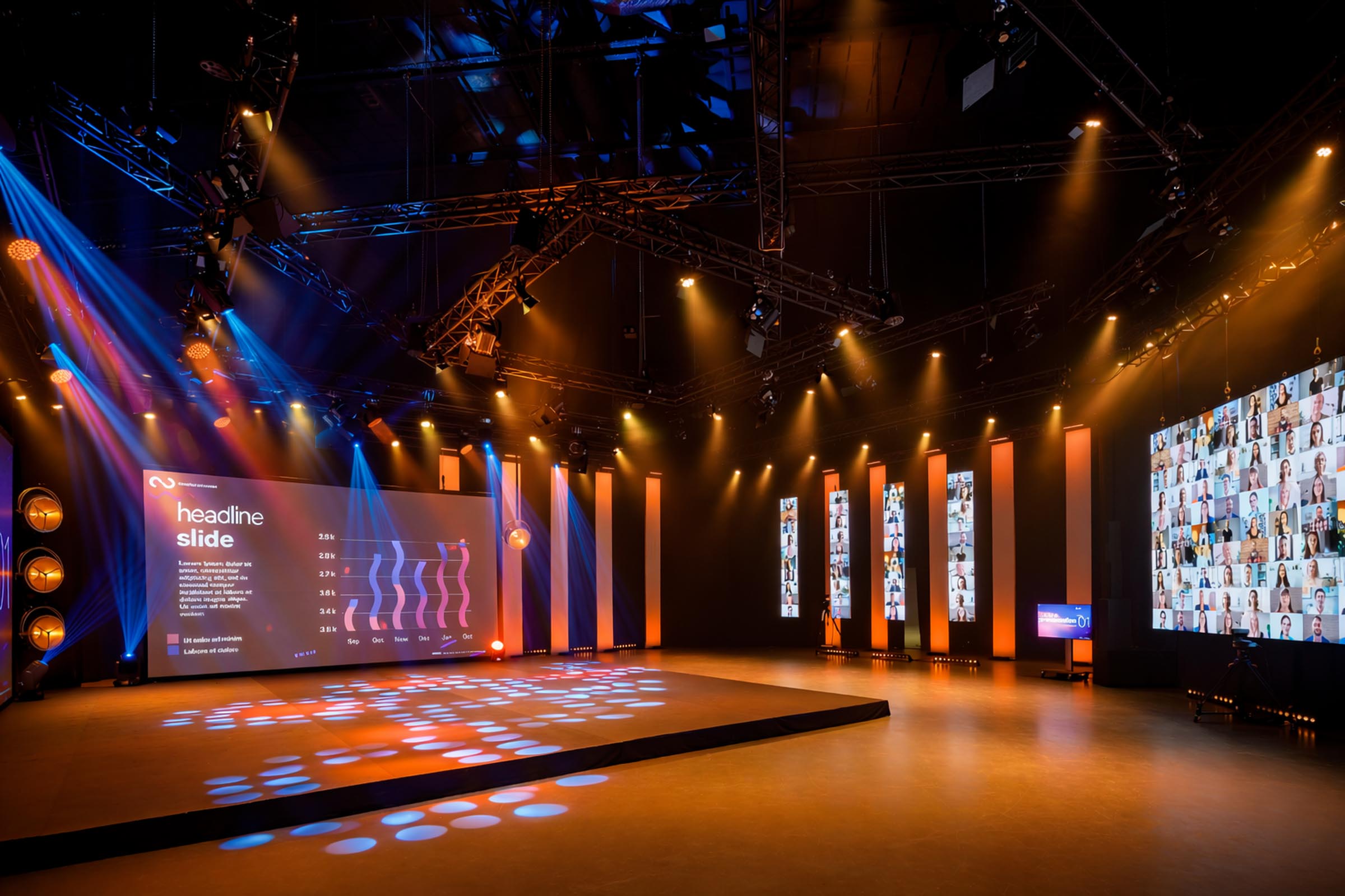 Eventbühne in Hannover mit LED-Wänden, Bühnenbeleuchtung und moderner Showtechnik für Live-Events