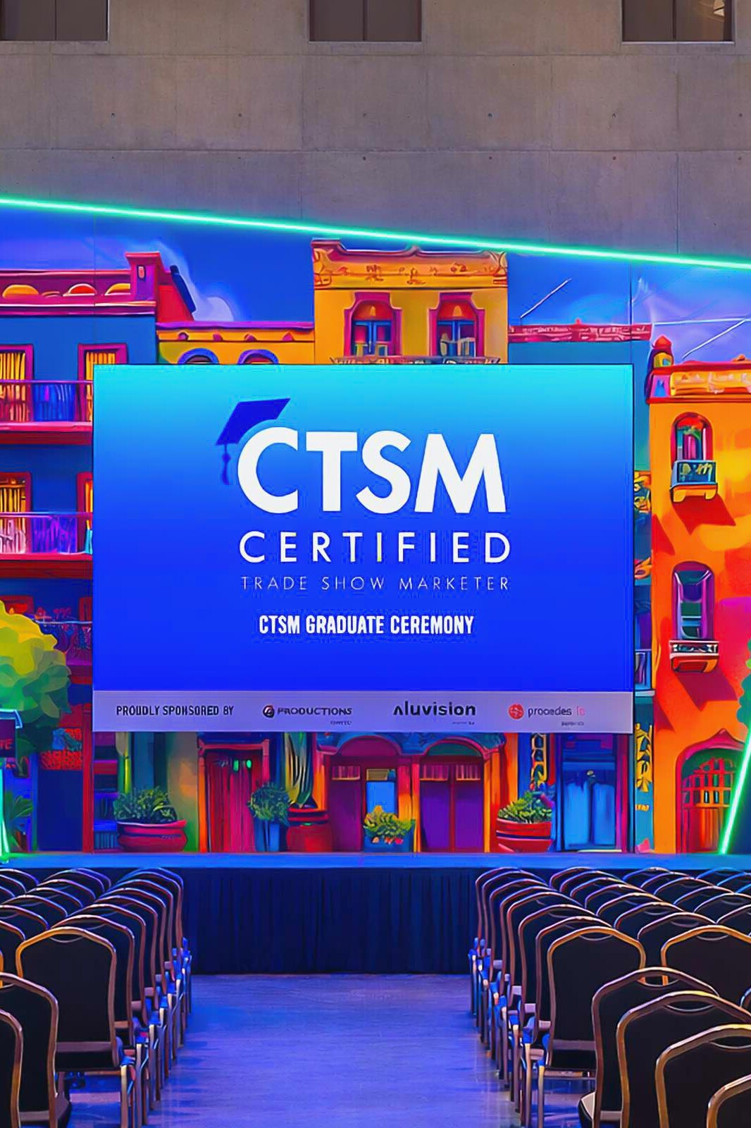 Eventbühne in Hannover mit LED-Wand, Branding und farbenfrohem Bühnenbild für eine Veranstaltung