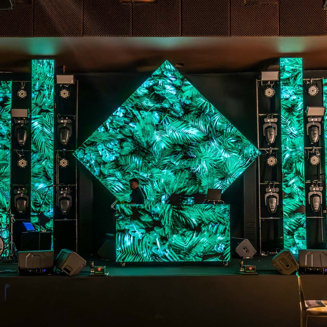 DJ auf Bühne vor großer LED-Wand mit grünem Pflanzen-Visual und vertikalen Lichtpanelen bei einem Club-Event