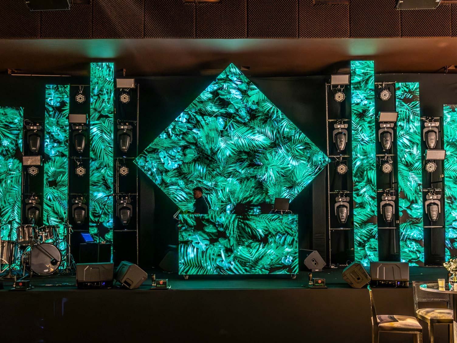 DJ auf Bühne vor großer LED-Wand mit grünem Pflanzen-Visual und vertikalen Lichtpanelen bei einem Club-Event
